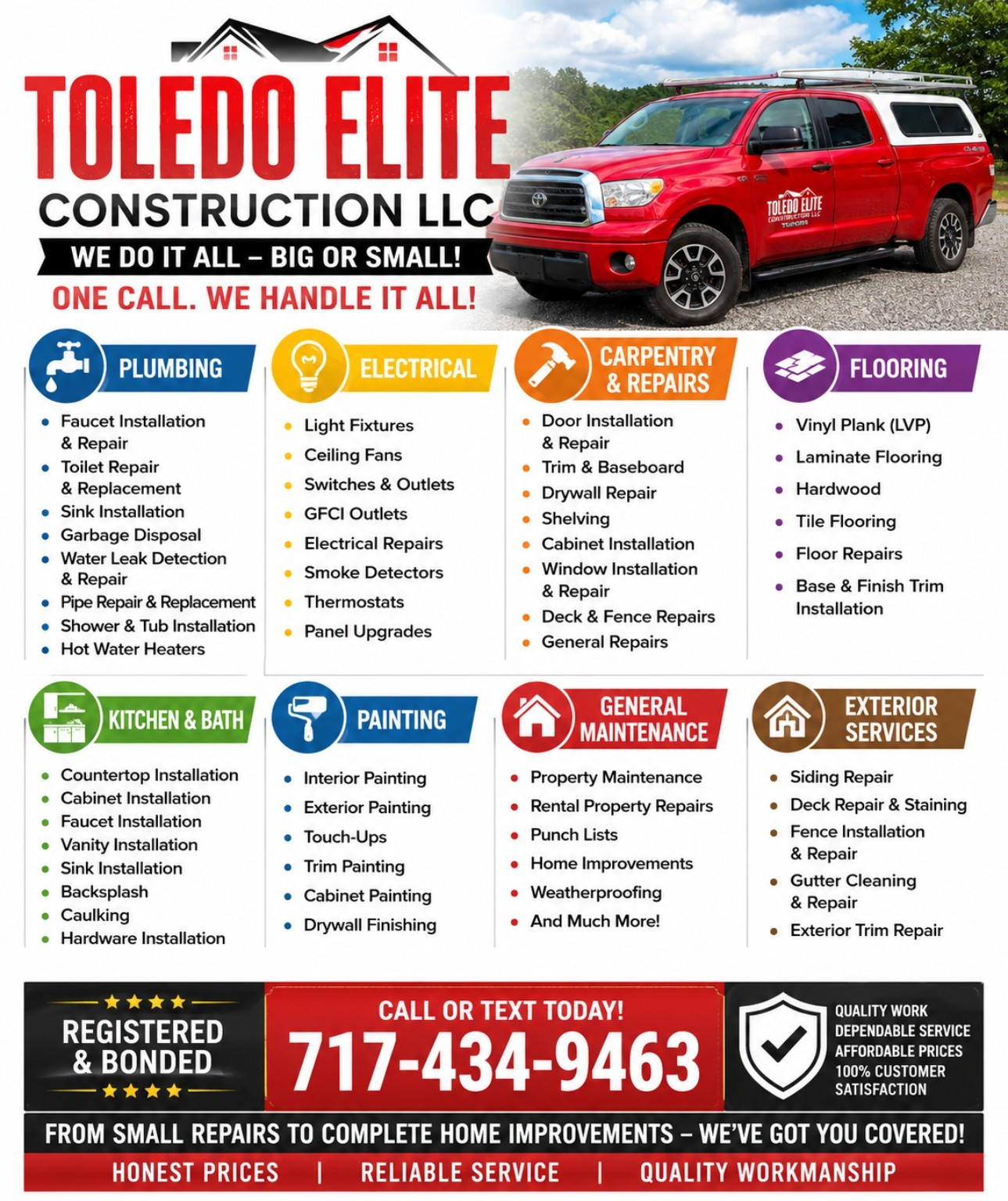 Toledo Elite Construction LLC company flyer with red work truck, services, and phone number